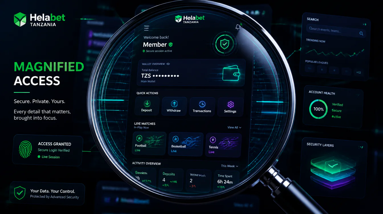 A futuristic magnifying glass revealing a premium Helabet member dashboard